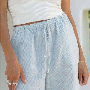 Solai Blue Stripe Linen Wide-Leg Pants (Slow Tide 100% Linen Drawstring Pants)